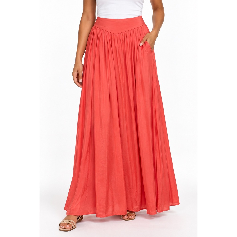 Orsay Womens Coral Pink Pleated Maxi Skirt Flowy A-Line Side Pockets Lined